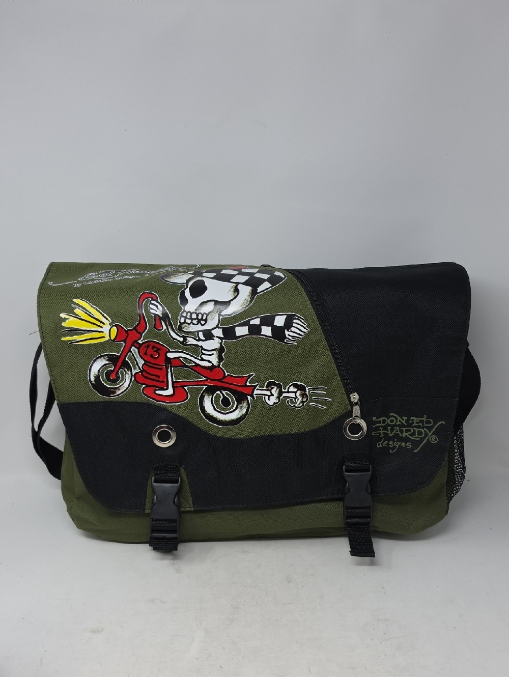 Ed Hardy Unisex Olive, Black & Red Skull Motorcycle Messenger Bag